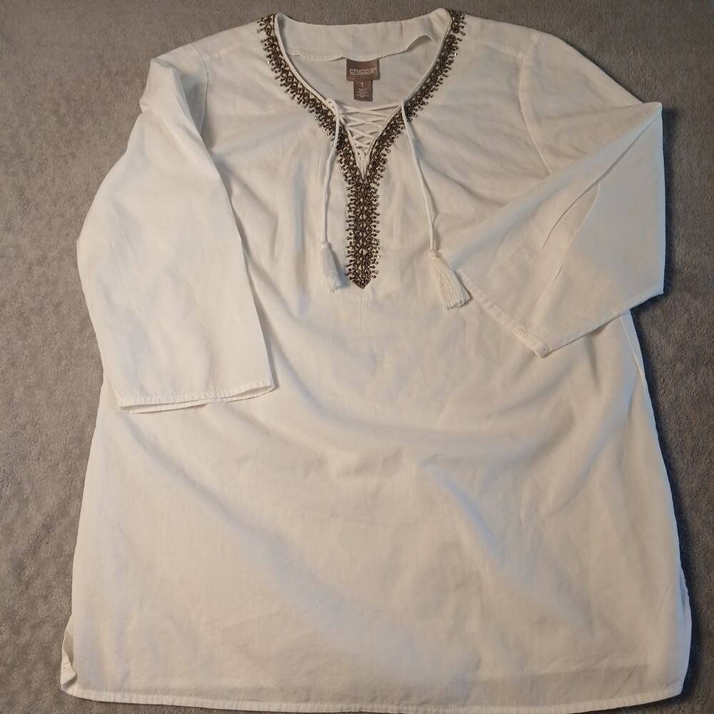 Chico's Size 1 ( US M) White Embroidered Tunic Boho Lace Up Tassels 3/4 Sleeve